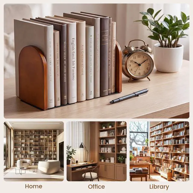 Alt view image 6 of 7 - 1 Pair Wood Bookends, Decorative Book Ends for Heavy Books, Book Organizer | Book Shelf Holder Home Decorative, Heavy Duty Wooden Bookend Support for Books and Movies