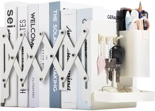 Main image of Adjustable Bookends, 19" Metal Book Ends for Heavy Books, 2 Dividers Bookends with Removable Pen Holder, Tray, and 3 Hook-up, Book Organizer for Office, School, Bookstore, Home