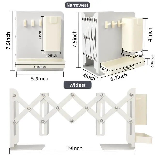 Alt view image 2 of 7 - Adjustable Bookends, 19" Metal Book Ends for Heavy Books, 2 Dividers Bookends with Removable Pen Holder, Tray, and 3 Hook-up, Book Organizer for Office, School, Bookstore, Home