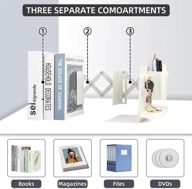 Alt view image 3 of 7 - Adjustable Bookends, 19" Metal Book Ends for Heavy Books, 2 Dividers Bookends with Removable Pen Holder, Tray, and 3 Hook-up, Book Organizer for Office, School, Bookstore, Home