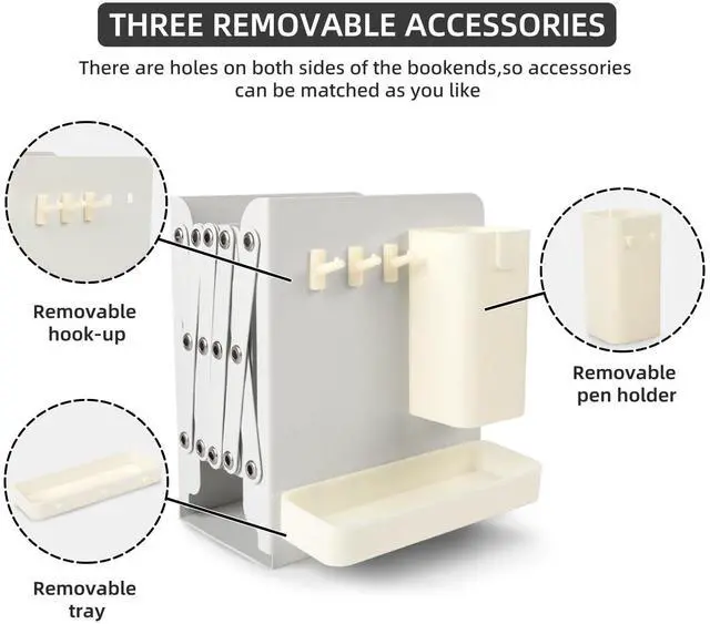 Alt view image 4 of 7 - Adjustable Bookends, 19" Metal Book Ends for Heavy Books, 2 Dividers Bookends with Removable Pen Holder, Tray, and 3 Hook-up, Book Organizer for Office, School, Bookstore, Home