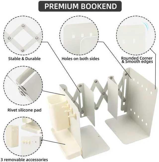 Alt view image 5 of 7 - Adjustable Bookends, 19" Metal Book Ends for Heavy Books, 2 Dividers Bookends with Removable Pen Holder, Tray, and 3 Hook-up, Book Organizer for Office, School, Bookstore, Home