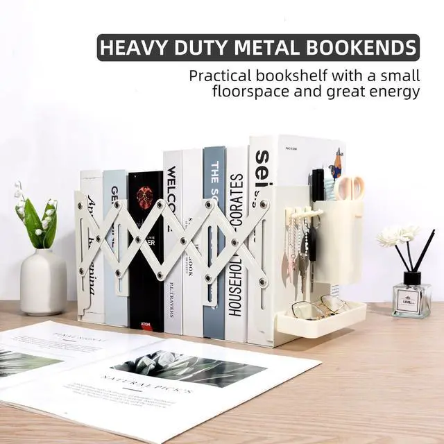 Alt view image 7 of 7 - Adjustable Bookends, 19" Metal Book Ends for Heavy Books, 2 Dividers Bookends with Removable Pen Holder, Tray, and 3 Hook-up, Book Organizer for Office, School, Bookstore, Home