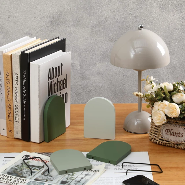 Alt view image 4 of 7 - 4 Pcs Boho Wood Bookends Back to School Sage Green Wooden Book Stands Decorative Non Skid Book Stoppers for Books Cds Videos Albums Office Desktop Shelves(Green)