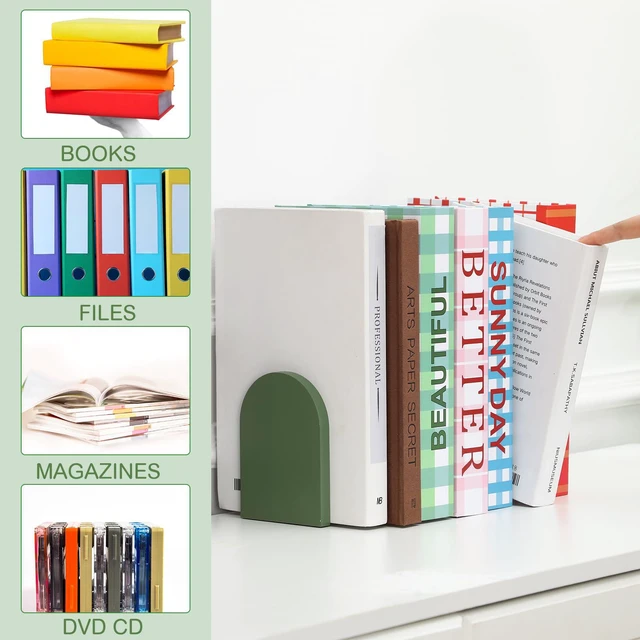 Alt view image 3 of 7 - 4 Pcs Boho Wood Bookends Back to School Sage Green Wooden Book Stands Decorative Non Skid Book Stoppers for Books Cds Videos Albums Office Desktop Shelves(Green)