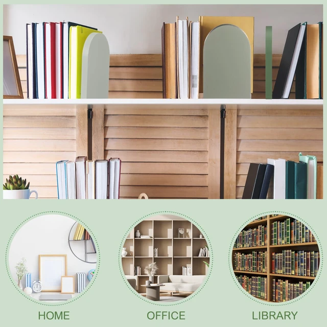 Alt view image 5 of 7 - 4 Pcs Boho Wood Bookends Back to School Sage Green Wooden Book Stands Decorative Non Skid Book Stoppers for Books Cds Videos Albums Office Desktop Shelves(Green)