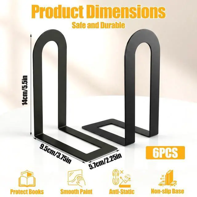 Alt view image 2 of 7 - 6 Pcs Modern Metal Bookends for Shelves, Metal Small Book Ends Book Shelf Organizer Minimalist Book Ends for Books/Movies/CDs, Decorative Bookends for Home Office, 5.5 x 3.75 x 2.25inch (Black)