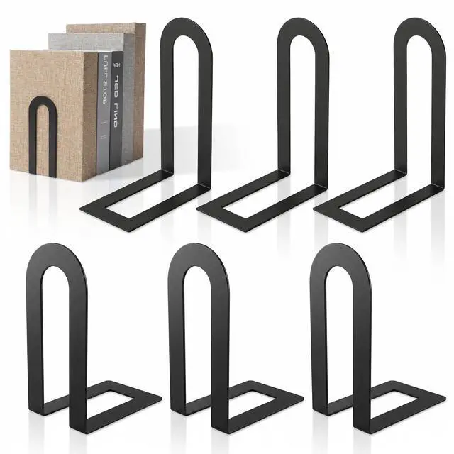 Main image of 6 Pcs Modern Metal Bookends for Shelves, Metal Small Book Ends Book Shelf Organizer Minimalist Book Ends for Books/Movies/CDs, Decorative Bookends for Home Office, 5.5 x 3.75 x 2.25inch (Black)