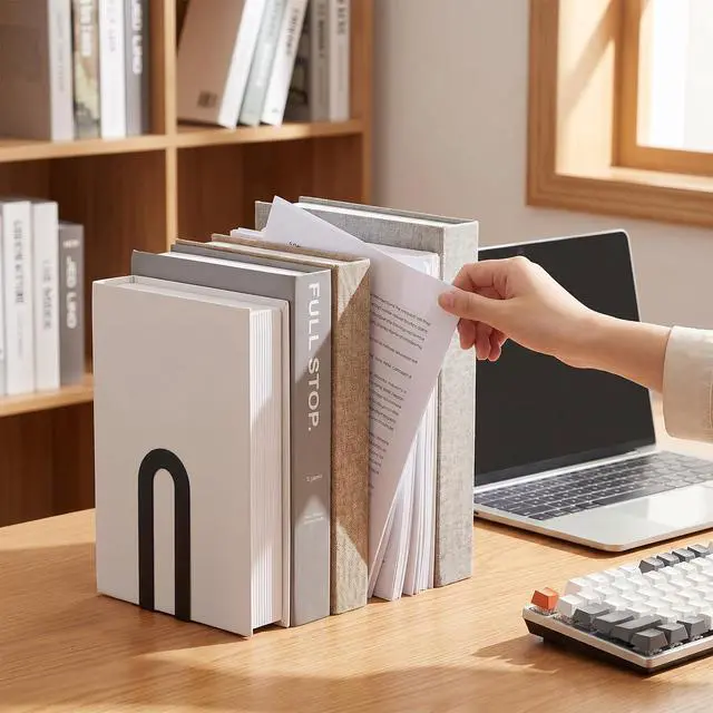Alt view image 5 of 7 - 6 Pcs Modern Metal Bookends for Shelves, Metal Small Book Ends Book Shelf Organizer Minimalist Book Ends for Books/Movies/CDs, Decorative Bookends for Home Office, 5.5 x 3.75 x 2.25inch (Black)