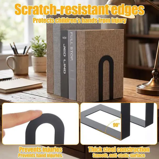 Alt view image 3 of 7 - 6 Pcs Modern Metal Bookends for Shelves, Metal Small Book Ends Book Shelf Organizer Minimalist Book Ends for Books/Movies/CDs, Decorative Bookends for Home Office, 5.5 x 3.75 x 2.25inch (Black)
