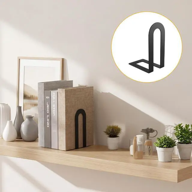 Alt view image 6 of 7 - 6 Pcs Modern Metal Bookends for Shelves, Metal Small Book Ends Book Shelf Organizer Minimalist Book Ends for Books/Movies/CDs, Decorative Bookends for Home Office, 5.5 x 3.75 x 2.25inch (Black)