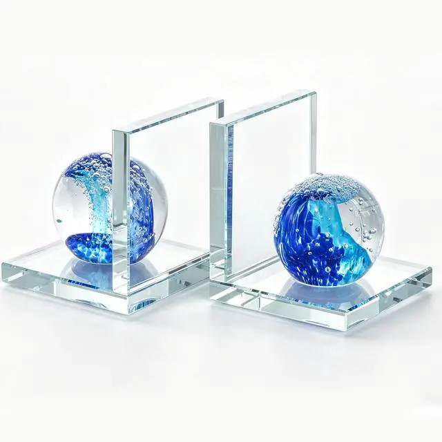 Main image of 1 Pair Heavy Duty Book Ends for Shelves, Crystal Bookends for Heavy Books | Decorative Bookends, Glass Wave Ball Book Stopper for Shelves, Ocean Gift Ideal for Office Home, Dorm Desk Decor