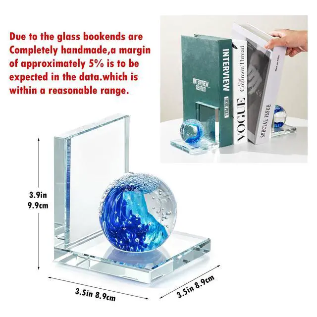 Alt view image 2 of 7 - 1 Pair Heavy Duty Book Ends for Shelves, Crystal Bookends for Heavy Books | Decorative Bookends, Glass Wave Ball Book Stopper for Shelves, Ocean Gift Ideal for Office Home, Dorm Desk Decor