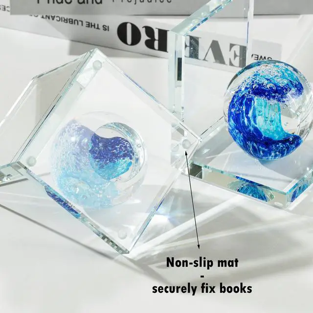 Alt view image 3 of 7 - 1 Pair Heavy Duty Book Ends for Shelves, Crystal Bookends for Heavy Books | Decorative Bookends, Glass Wave Ball Book Stopper for Shelves, Ocean Gift Ideal for Office Home, Dorm Desk Decor