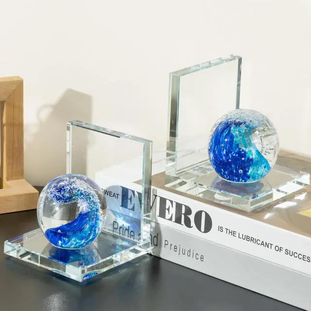 Alt view image 4 of 7 - 1 Pair Heavy Duty Book Ends for Shelves, Crystal Bookends for Heavy Books | Decorative Bookends, Glass Wave Ball Book Stopper for Shelves, Ocean Gift Ideal for Office Home, Dorm Desk Decor