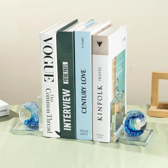 Alt view image 5 of 7 - 1 Pair Heavy Duty Book Ends for Shelves, Crystal Bookends for Heavy Books | Decorative Bookends, Glass Wave Ball Book Stopper for Shelves, Ocean Gift Ideal for Office Home, Dorm Desk Decor