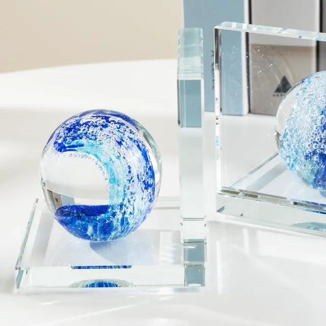 Alt view image 6 of 7 - 1 Pair Heavy Duty Book Ends for Shelves, Crystal Bookends for Heavy Books | Decorative Bookends, Glass Wave Ball Book Stopper for Shelves, Ocean Gift Ideal for Office Home, Dorm Desk Decor