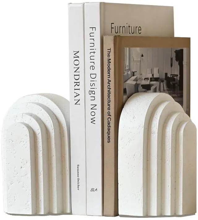 Main image of Decorative Bookends for Shelves, Set of 2 Book Ends for Heavy Books, Layered Arch Design White Bookend