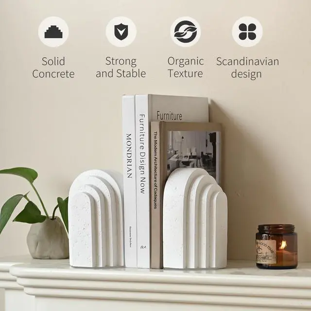 Alt view image 2 of 7 - Decorative Bookends for Shelves, Set of 2 Book Ends for Heavy Books, Layered Arch Design White Bookend