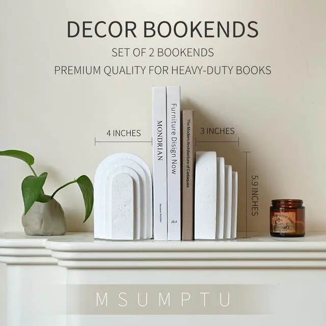 Alt view image 3 of 7 - Decorative Bookends for Shelves, Set of 2 Book Ends for Heavy Books, Layered Arch Design White Bookend