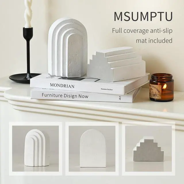 Alt view image 4 of 7 - Decorative Bookends for Shelves, Set of 2 Book Ends for Heavy Books, Layered Arch Design White Bookend
