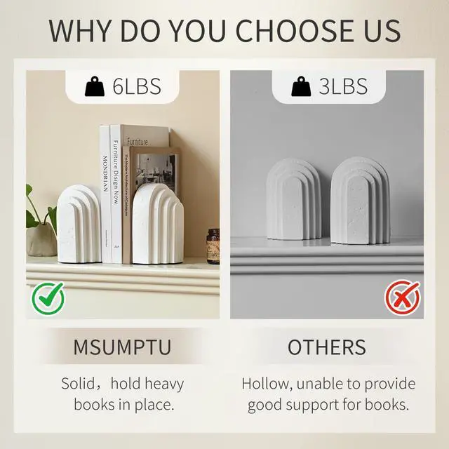 Alt view image 5 of 7 - Decorative Bookends for Shelves, Set of 2 Book Ends for Heavy Books, Layered Arch Design White Bookend