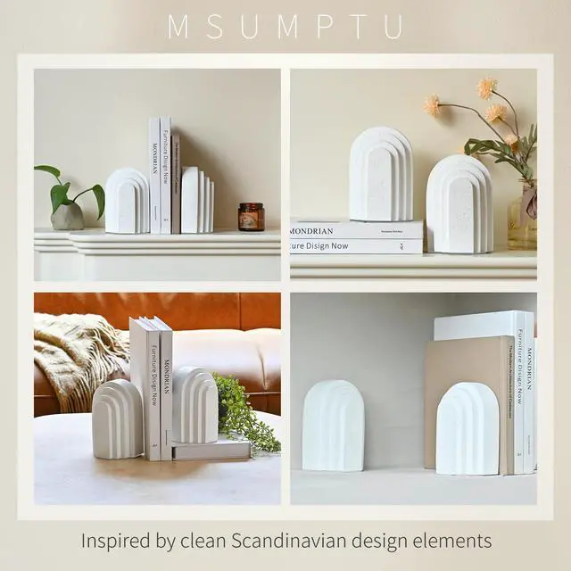 Alt view image 6 of 7 - Decorative Bookends for Shelves, Set of 2 Book Ends for Heavy Books, Layered Arch Design White Bookend