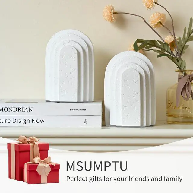 Alt view image 7 of 7 - Decorative Bookends for Shelves, Set of 2 Book Ends for Heavy Books, Layered Arch Design White Bookend
