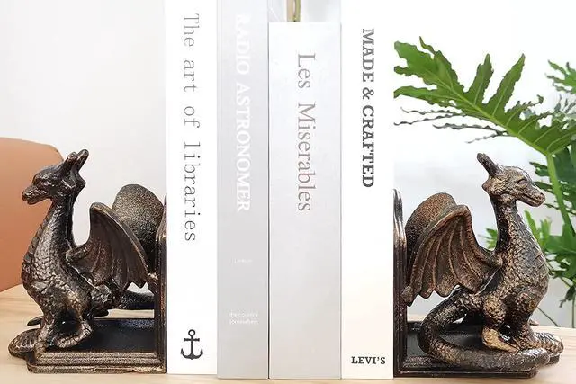 Alt view image 2 of 6 - Book Ends - Decorative Book Stopper - Shelves Bookend Support Holder, Unique Dragon Design, Heavy Duty Set 2