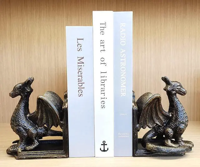 Alt view image 4 of 6 - Book Ends - Decorative Book Stopper - Shelves Bookend Support Holder, Unique Dragon Design, Heavy Duty Set 2