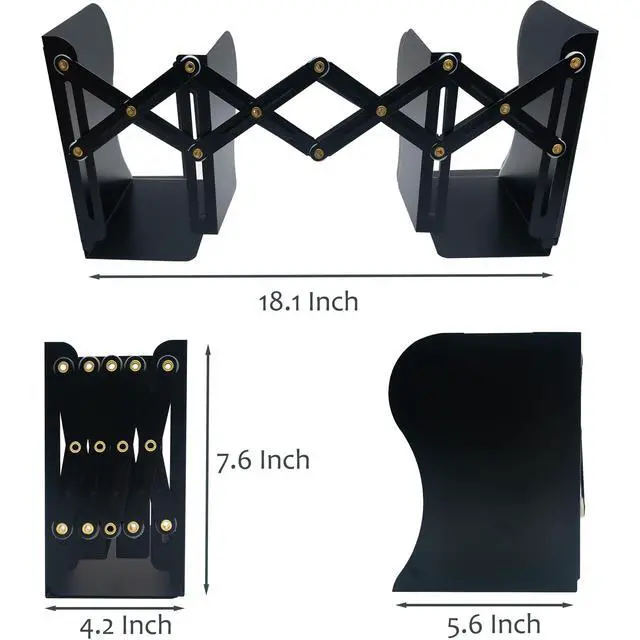 Alt view image 2 of 6 - Metal Bookends, Book Ends for Heavy Books, Adjustable Book Holder for Shelves, Book Stopper for Home/School/Office, Extends up to 19 inches, Black