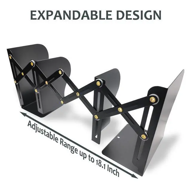 Alt view image 3 of 6 - Metal Bookends, Book Ends for Heavy Books, Adjustable Book Holder for Shelves, Book Stopper for Home/School/Office, Extends up to 19 inches, Black