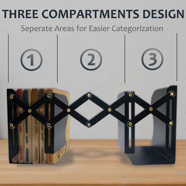 Alt view image 4 of 6 - Metal Bookends, Book Ends for Heavy Books, Adjustable Book Holder for Shelves, Book Stopper for Home/School/Office, Extends up to 19 inches, Black