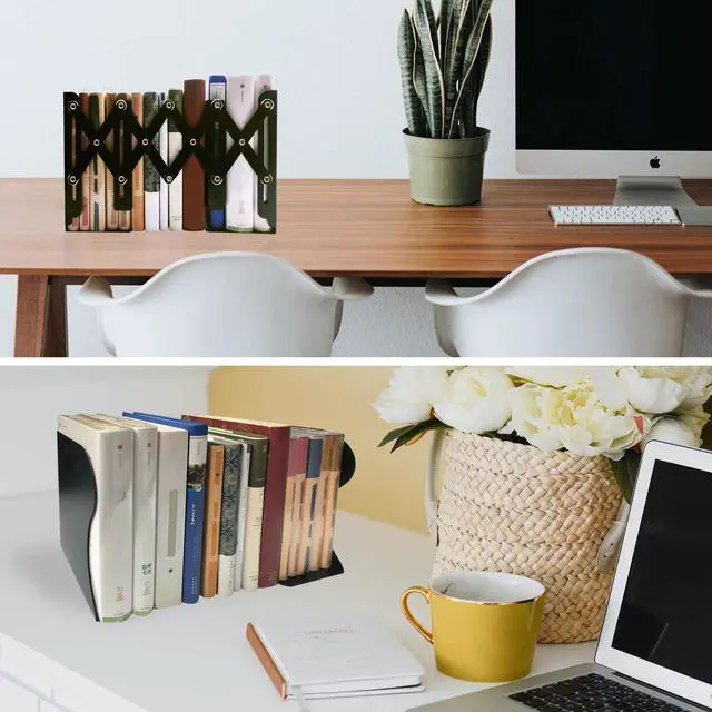 Alt view image 5 of 6 - Metal Bookends, Book Ends for Heavy Books, Adjustable Book Holder for Shelves, Book Stopper for Home/School/Office, Extends up to 19 inches, Black