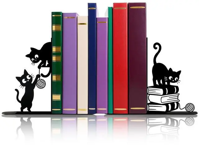 Main image of Funny Cat Bookends Metal Black Cat Book Ends for Shelves Decorative Bookshelf Home Office Desk Bookshelf Decor Gift for Cat Lovers and Reading Enthusiasts