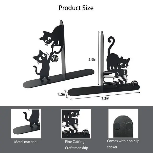 Alt view image 2 of 7 - Funny Cat Bookends Metal Black Cat Book Ends for Shelves Decorative Bookshelf Home Office Desk Bookshelf Decor Gift for Cat Lovers and Reading Enthusiasts