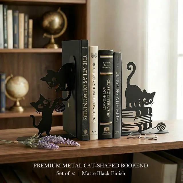 Alt view image 3 of 7 - Funny Cat Bookends Metal Black Cat Book Ends for Shelves Decorative Bookshelf Home Office Desk Bookshelf Decor Gift for Cat Lovers and Reading Enthusiasts