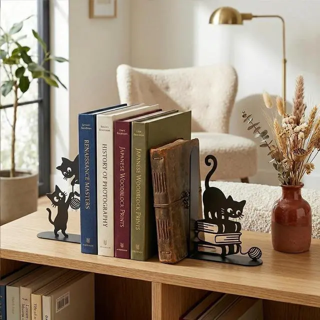 Alt view image 5 of 7 - Funny Cat Bookends Metal Black Cat Book Ends for Shelves Decorative Bookshelf Home Office Desk Bookshelf Decor Gift for Cat Lovers and Reading Enthusiasts