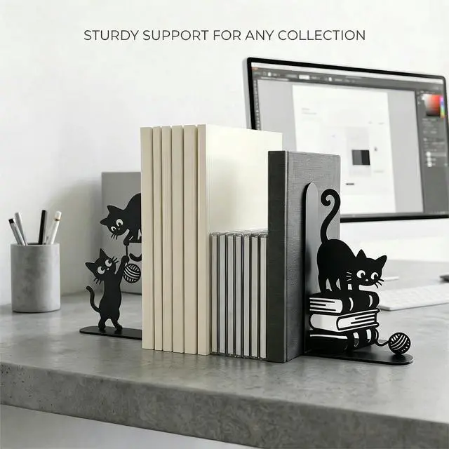 Alt view image 4 of 7 - Funny Cat Bookends Metal Black Cat Book Ends for Shelves Decorative Bookshelf Home Office Desk Bookshelf Decor Gift for Cat Lovers and Reading Enthusiasts