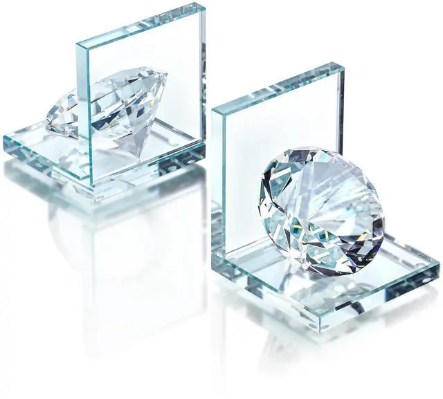 Main image of 1 Pair Crystal Bookends with 80mm Clear Diamond for Heavy Books | L Shaped Heavy Duty Glass Book End for Shelves Non Skid Bookends Book Stopper, 4inch