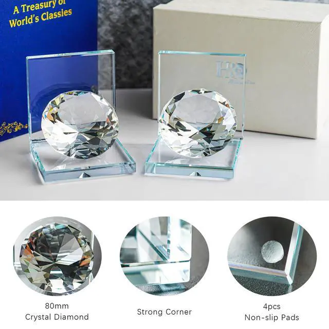 Alt view image 2 of 7 - 1 Pair Crystal Bookends with 80mm Clear Diamond for Heavy Books | L Shaped Heavy Duty Glass Book End for Shelves Non Skid Bookends Book Stopper, 4inch