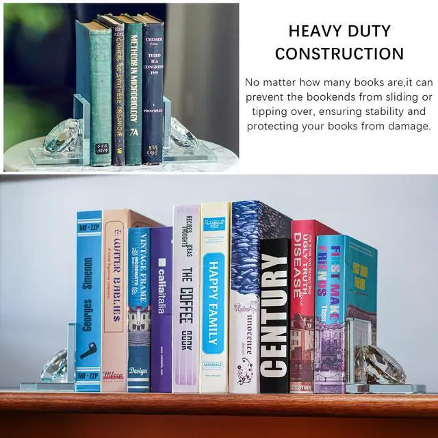 Alt view image 3 of 7 - 1 Pair Crystal Bookends with 80mm Clear Diamond for Heavy Books | L Shaped Heavy Duty Glass Book End for Shelves Non Skid Bookends Book Stopper, 4inch