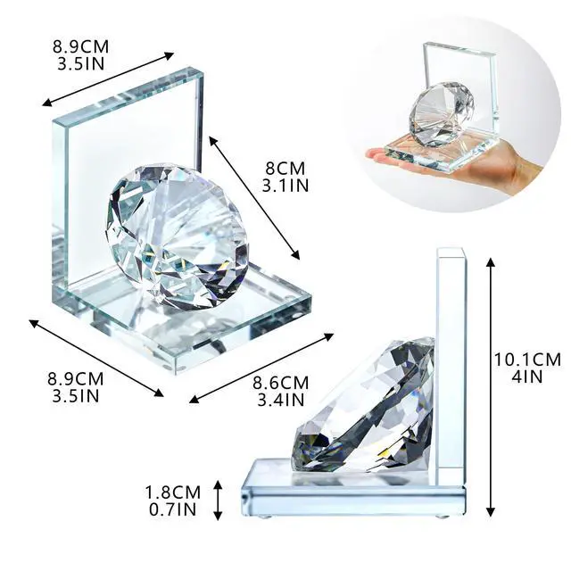 Alt view image 5 of 7 - 1 Pair Crystal Bookends with 80mm Clear Diamond for Heavy Books | L Shaped Heavy Duty Glass Book End for Shelves Non Skid Bookends Book Stopper, 4inch