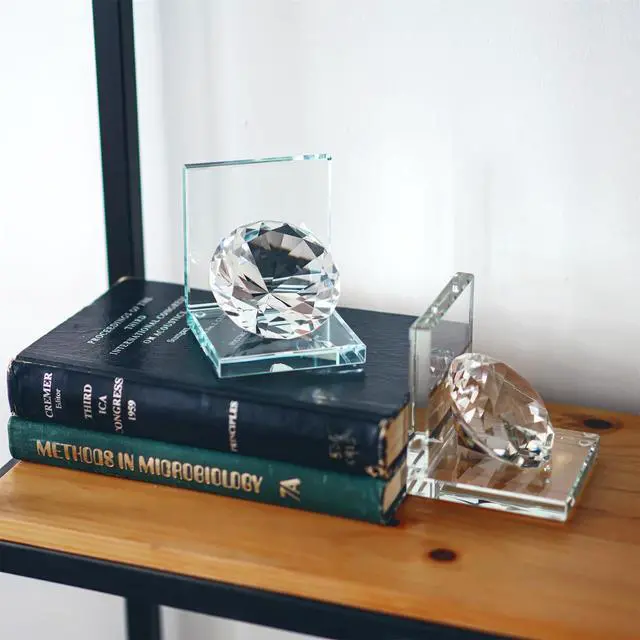 Alt view image 7 of 7 - 1 Pair Crystal Bookends with 80mm Clear Diamond for Heavy Books | L Shaped Heavy Duty Glass Book End for Shelves Non Skid Bookends Book Stopper, 4inch