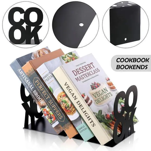 Alt view image 3 of 7 - Cookbook Bookends Kitchen Decorative Metal Supports for Book-Rack Desk Kitchen Book Shelf Holder for Shelves Distinctive Appearance Design Book Ends Metal Supports(Black)