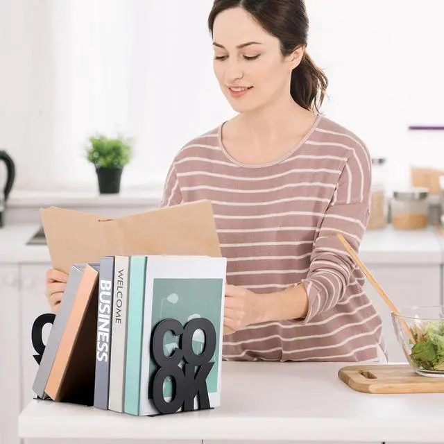 Alt view image 6 of 7 - Cookbook Bookends Kitchen Decorative Metal Supports for Book-Rack Desk Kitchen Book Shelf Holder for Shelves Distinctive Appearance Design Book Ends Metal Supports(Black)