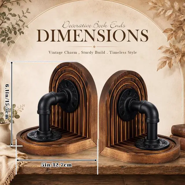 Alt view image 2 of 7 - Rustic Wood Decorative Bookends for Shelves with Industrial Pipe Design | Farmhouse Industrial Style Steampunk Bookends for Heavy Duty Books, Non Slip Bottom Metal Book Holders Home Office Decor Gift