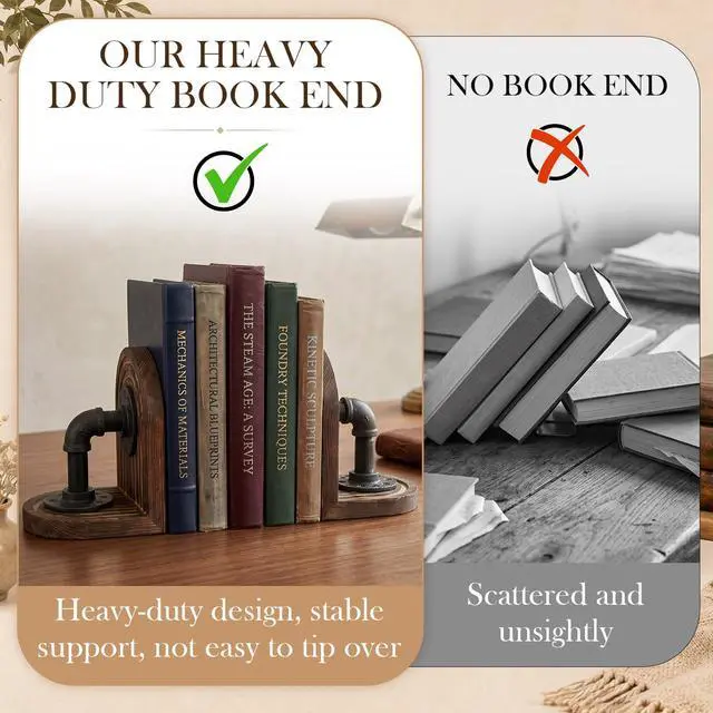 Alt view image 3 of 7 - Rustic Wood Decorative Bookends for Shelves with Industrial Pipe Design | Farmhouse Industrial Style Steampunk Bookends for Heavy Duty Books, Non Slip Bottom Metal Book Holders Home Office Decor Gift