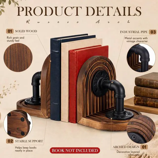 Alt view image 4 of 7 - Rustic Wood Decorative Bookends for Shelves with Industrial Pipe Design | Farmhouse Industrial Style Steampunk Bookends for Heavy Duty Books, Non Slip Bottom Metal Book Holders Home Office Decor Gift