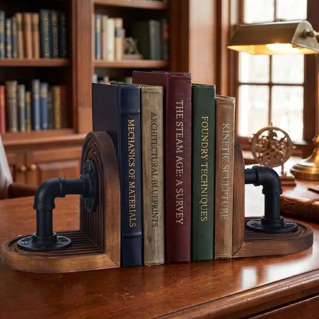 Alt view image 7 of 7 - Rustic Wood Decorative Bookends for Shelves with Industrial Pipe Design | Farmhouse Industrial Style Steampunk Bookends for Heavy Duty Books, Non Slip Bottom Metal Book Holders Home Office Decor Gift